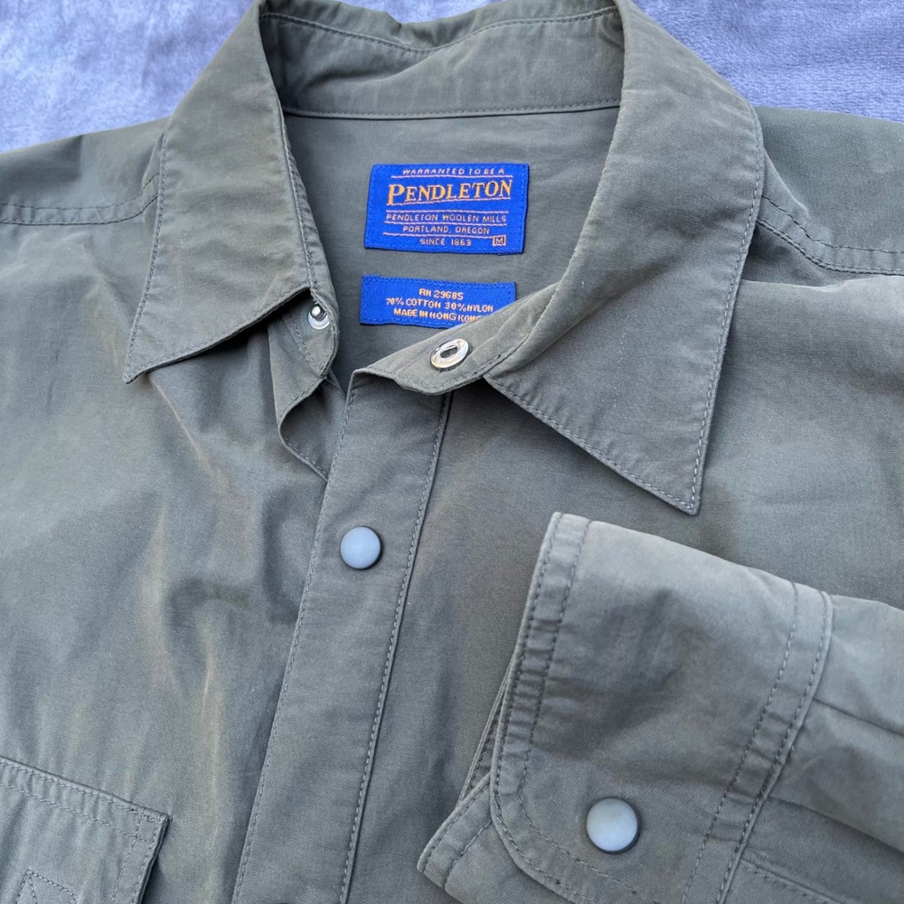 Pendleton Mens Olive Green Snap Front Utility Shirt Cotton Nylon Blend Medium